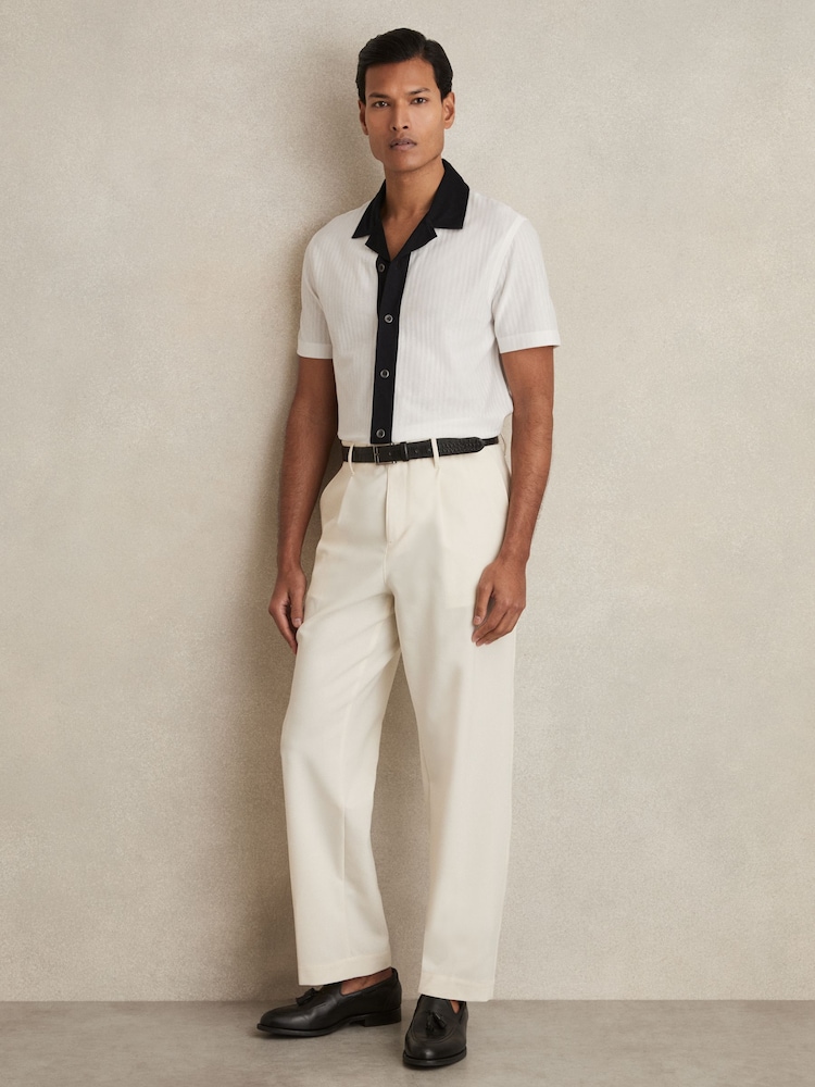 Reiss White/Navy Aster Cotton Textured Colour-Block Shirt - Image 1 of 5