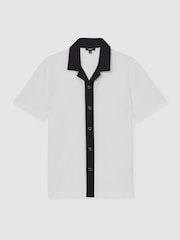 Reiss White/Navy Aster Cotton Textured Colour-Block Shirt - Image 2 of 5
