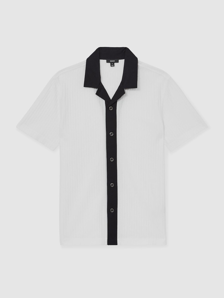 Reiss White/Navy Aster Cotton Textured Colour-Block Shirt - Image 2 of 5