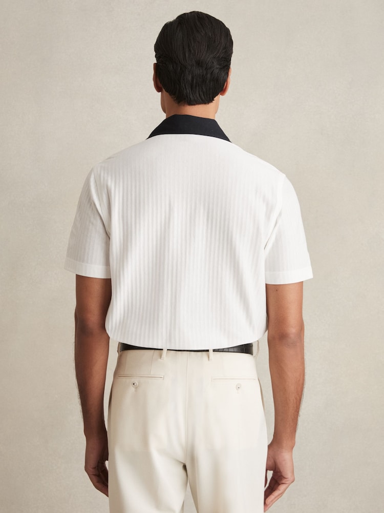 Reiss White/Navy Aster Cotton Textured Colour-Block Shirt - Image 4 of 5