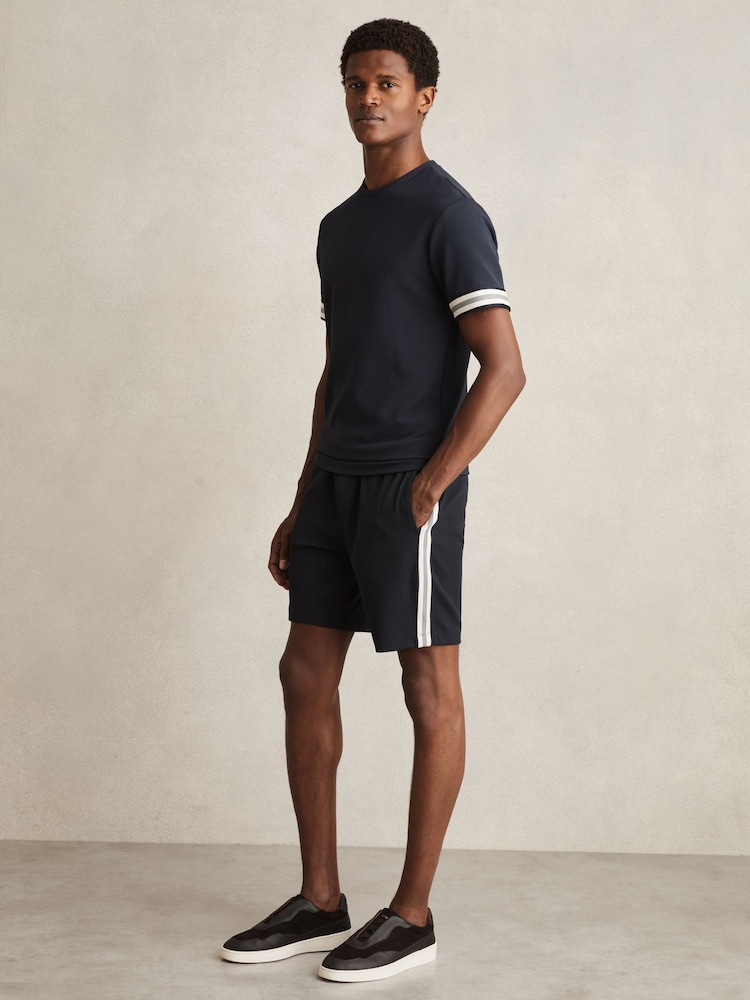 Reiss Navy Phoenix Textured Tape Drawstring Shorts - Image 1 of 6