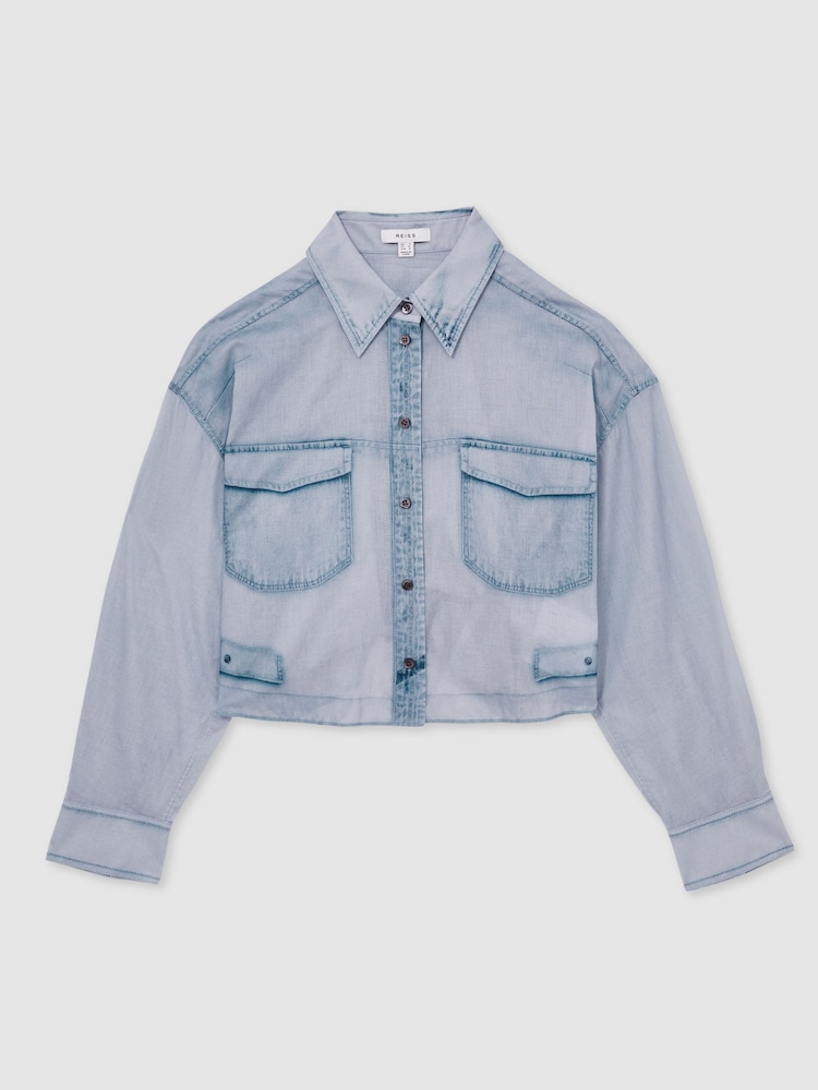 Azul - Reiss Darcy Cotton Denim-Print Cropped Shirt - Imagen 2 de 6
