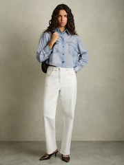 Azul - Reiss Darcy Cotton Denim-Print Cropped Shirt - Imagen 4 de 6