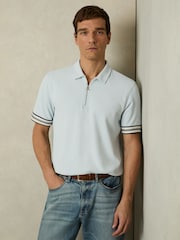 Холодный голубой - Reiss Bristol Textured Contrast Trim Half-Zip Polo Shirt - Image 1 of 6