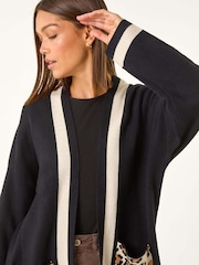 Roman Black Animal Print Contrast Pocket Cardigan - Image 3 of 6