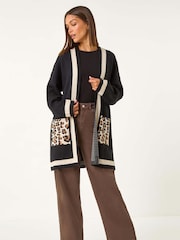 Roman Black Animal Print Contrast Pocket Cardigan - Image 5 of 6