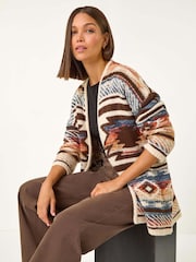 Roman Brown Boucle Tribal Pattern Cardigan - Image 1 of 5