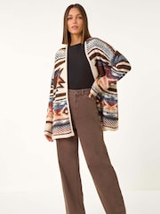 Roman Brown Boucle Tribal Pattern Cardigan - Image 2 of 5