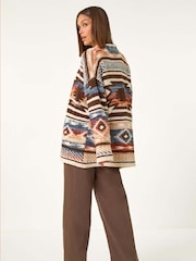 Roman Brown Boucle Tribal Pattern Cardigan - Image 3 of 5