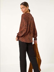 Roman Orange Animal Print Buttoned Pinktuck Top - Image 4 of 6