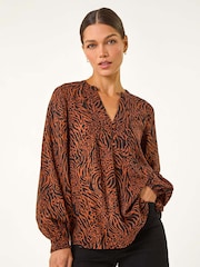 Roman Orange Animal Print Buttoned Pinktuck Top - Image 5 of 6