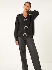 Черный - Roman Bow Embelished Knit Cardigan - Image 2 of 5