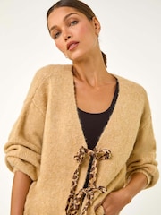 Roman Natural Leopard Print Tie Front V-Neck Cardigan - Image 1 of 5