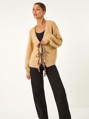Roman Natural Leopard Print Tie Front V-Neck Cardigan - Image 2 of 5