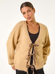 Roman Natural Leopard Print Tie Front V-Neck Cardigan - Image 4 of 5