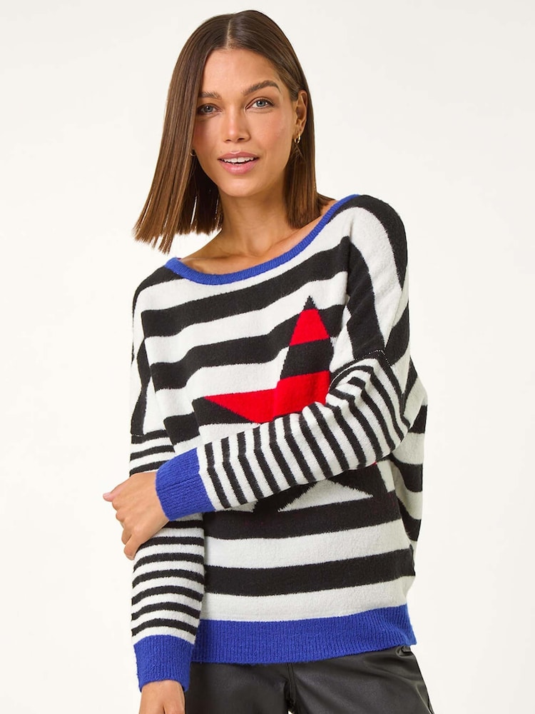 Roman Black Star Striped Colour Block Knit Jumper - Image 1 of 6