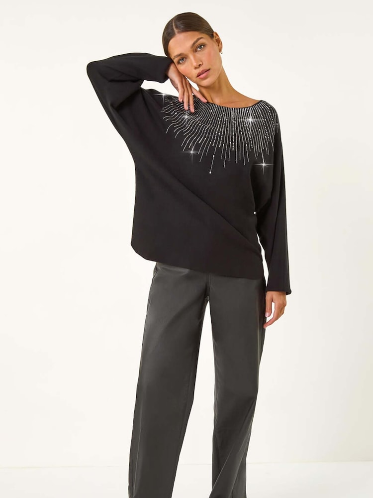 Roman Black Rhinestone Detail Knit Jumper - Image 1 of 5 Roman Black Rhinestone Detail Knit Jumper - Image 1 of 5