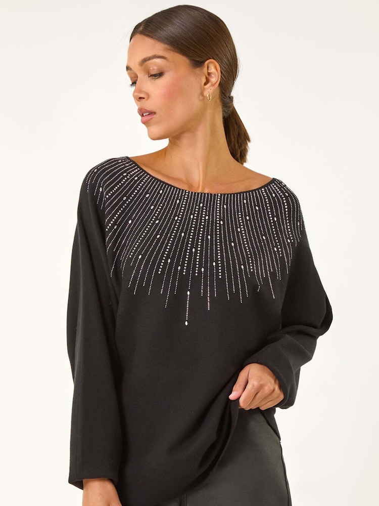 Roman Black Rhinestone Detail Knit Jumper - Image 2 of 5 Roman Black Rhinestone Detail Knit Jumper - Image 2 of 5