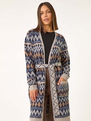 Roman Blue Patterned Belted Knit Cardigan - Image 1 of 6