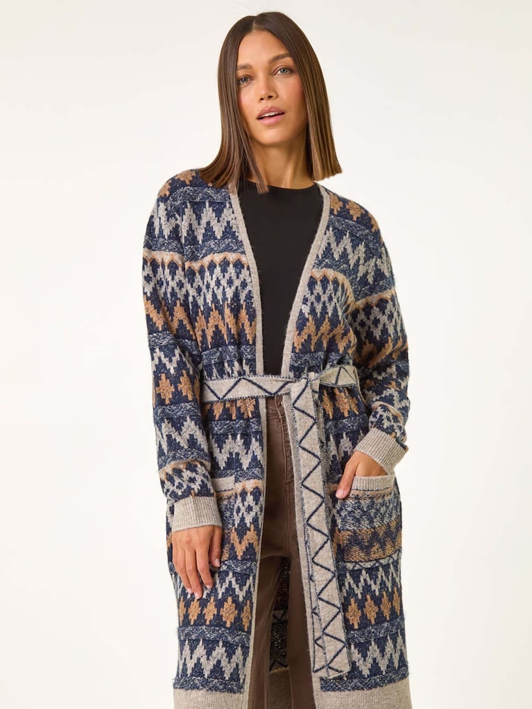 Roman Blue Patterned Belted Knit Cardigan - Image 1 of 6