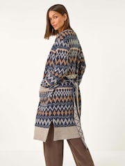 Roman Blue Patterned Belted Knit Cardigan - Image 4 of 6