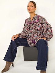 Roman Black Floral Print Tie Front Top - Image 1 of 6