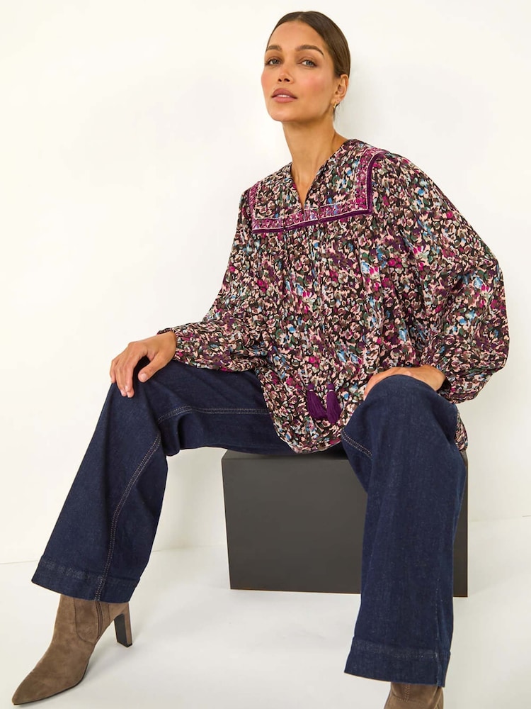 Roman Black Floral Print Tie Front Top - Image 1 of 6