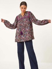Roman Black Floral Print Tie Front Top - Image 3 of 6