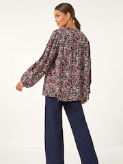 Roman Black Floral Print Tie Front Top - Image 4 of 6