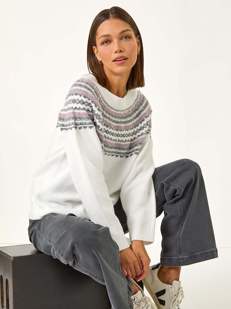 Branco - Roman estampada com pérolas Jumper - Imagem 1 de 5