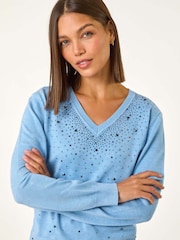 Roman Blue V-Neck Sparkle Hotfix Knit Jumper - Image 1 of 5