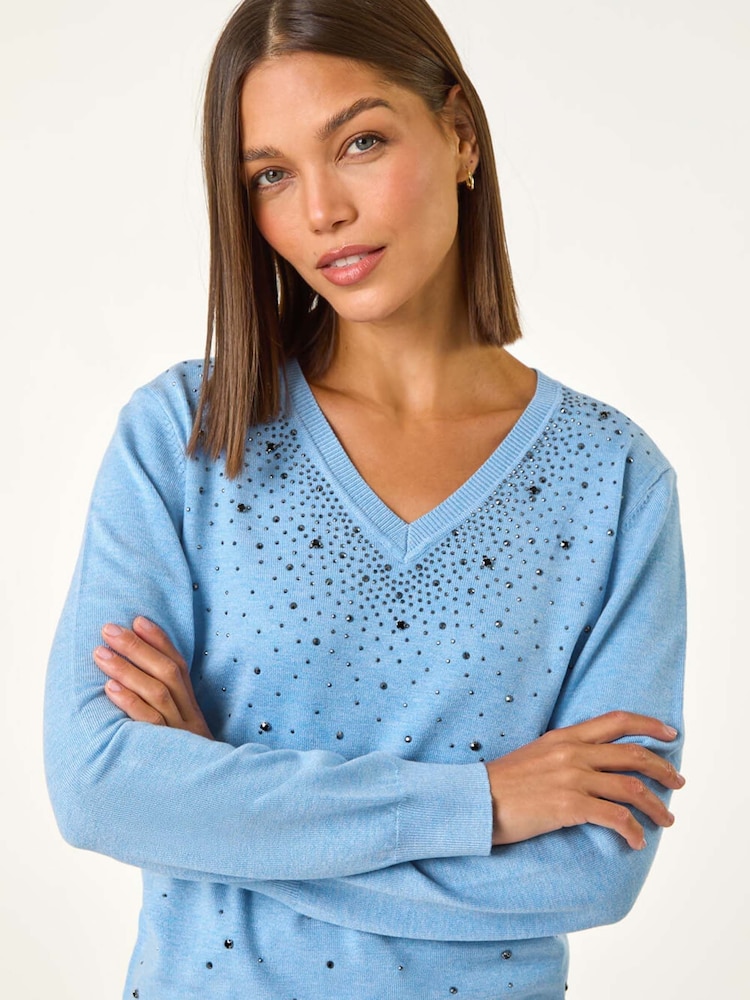 Roman Blue V-Neck Sparkle Hotfix Knit Jumper - Image 1 of 5