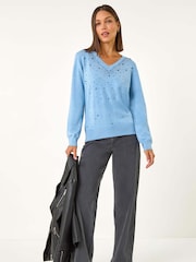 Roman Blue V-Neck Sparkle Hotfix Knit Jumper - Image 2 of 5