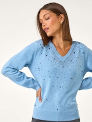Roman Blue V-Neck Sparkle Hotfix Knit Jumper - Image 4 of 5