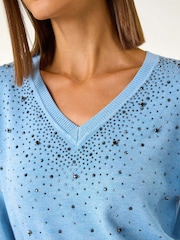 Roman Blue V-Neck Sparkle Hotfix Knit Jumper - Image 5 of 5
