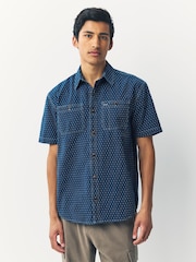 Indigo Blue Printed Textured Short Sleeve 100% Cotton Shirt - Image 1 of 7