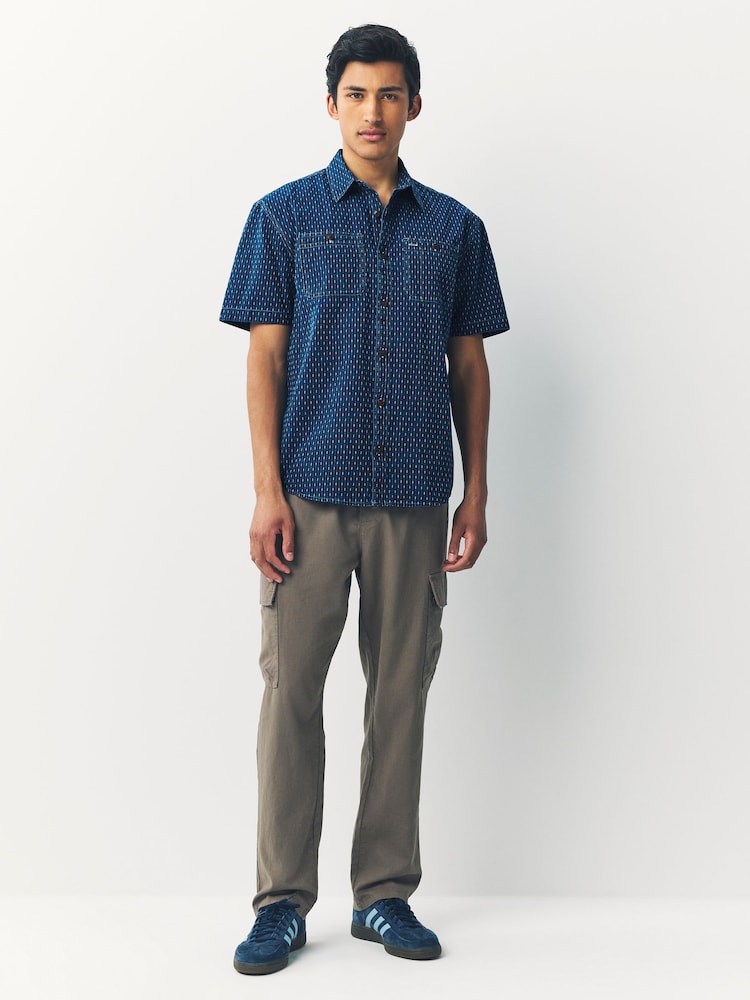 Indigo Blue Printed Textured Short Sleeve 100% Cotton Shirt - Image 2 of 7