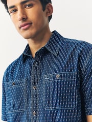 Indigo Blue Printed Textured Short Sleeve 100% Cotton Shirt - Image 4 of 7