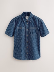 Indigo Blue Printed Textured Short Sleeve 100% Cotton Shirt - Image 5 of 7