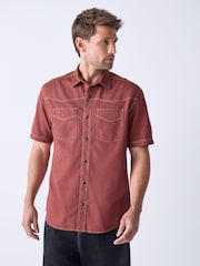 Rust Orange Twin Pocket Contrast Stitch Short Sleeve 100% Cotton Shirt - Image 1 of 7