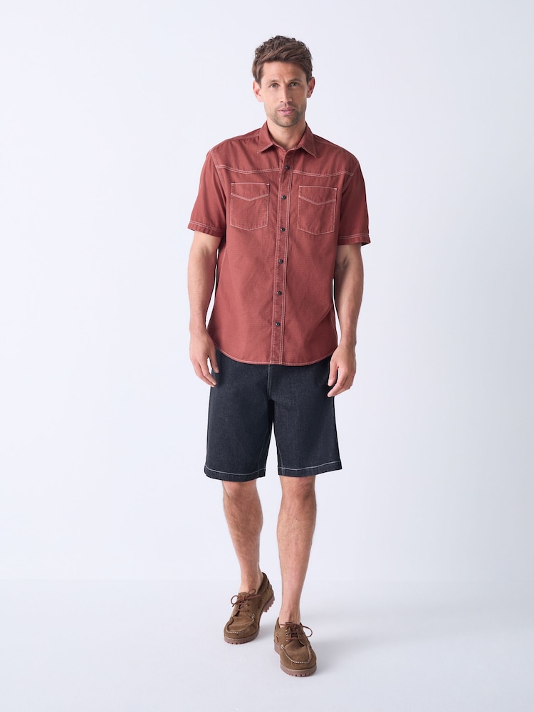 Rust Orange Twin Pocket Contrast Stitch Short Sleeve 100% Cotton Shirt - Image 2 of 7
