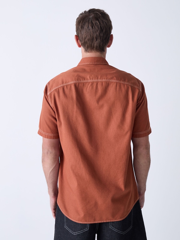 Rust Orange Twin Pocket Contrast Stitch Short Sleeve 100% Cotton Shirt - Image 2 of 8 Rust Orange Twin Pocket Contrast Stitch Short Sleeve 100% Cotton Shirt - Image 2 of 8