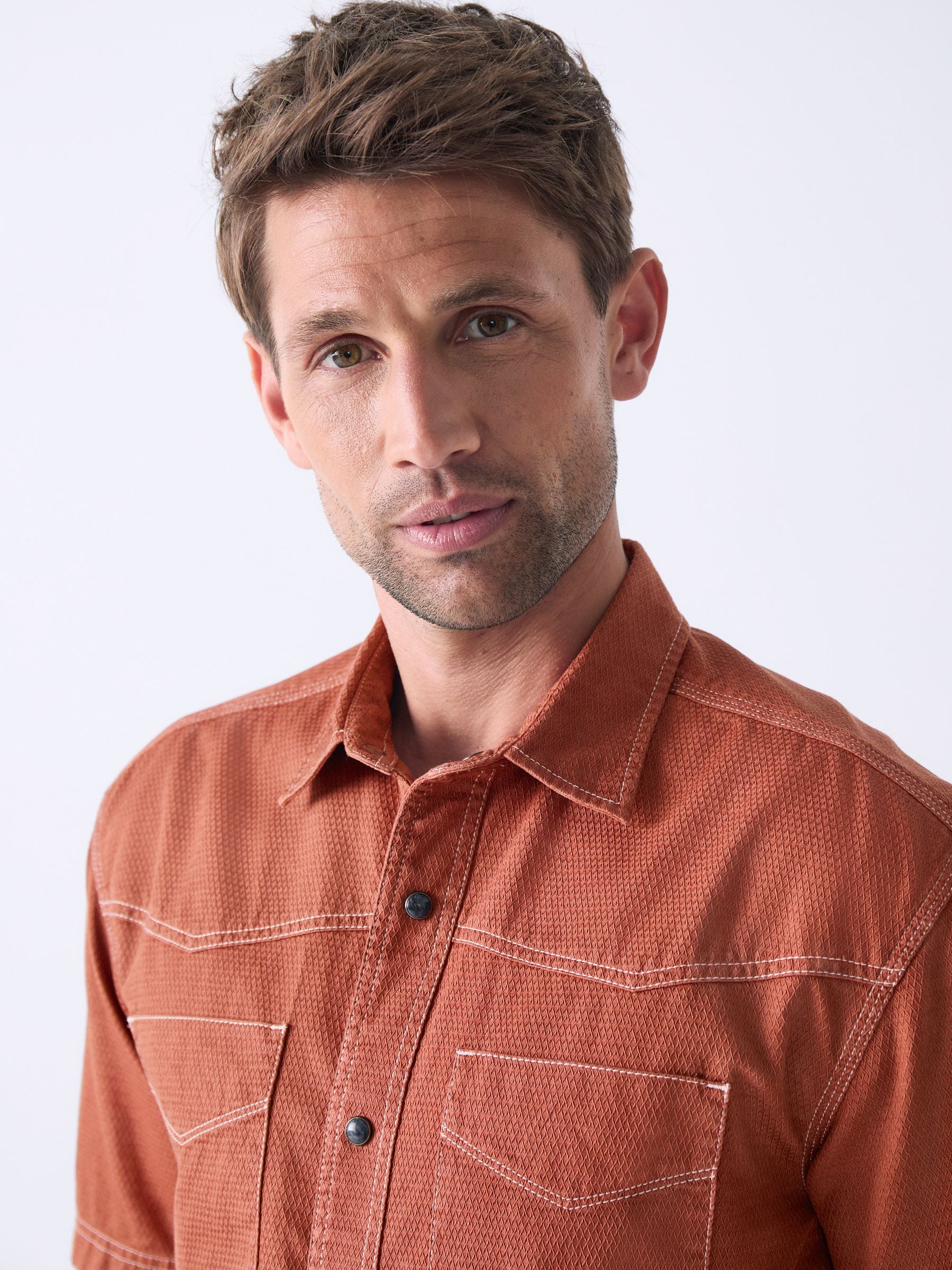 Buy Rust Orange Twin Pocket Contrast Stitch Short Sleeve 100
