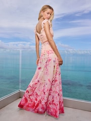 Lipsy Orange Petite Floral Printed Frill Sleeve Maxi Dress - Image 3 of 5