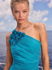 Lipsy Blue Flower Trim One Shoulder Chiffon Maxi Dress - Image 2 of 5