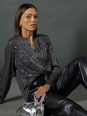 Roman Grey Sequin Sparkle Stretch Jersey Blouse - Image 1 of 9