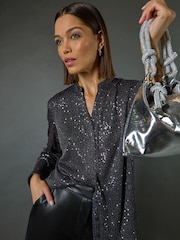 Roman Grey Sequin Sparkle Stretch Jersey Blouse - Image 3 of 9