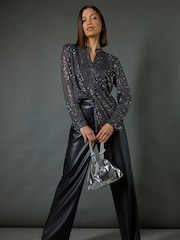 Roman Grey Sequin Sparkle Stretch Jersey Blouse - Image 4 of 9