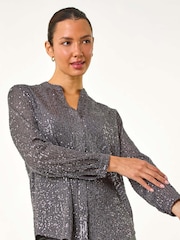 Roman Grey Sequin Sparkle Stretch Jersey Blouse - Image 5 of 9