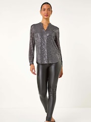 Roman Grey Sequin Sparkle Stretch Jersey Blouse - Image 6 of 9